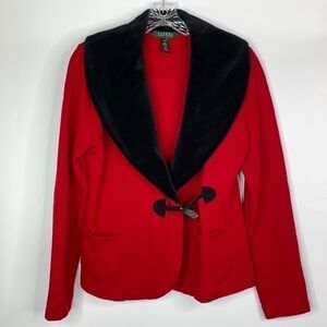 Lauren Ralph Red And Black Velvet Collar Toggle Fleece Blazer Jacket Small
